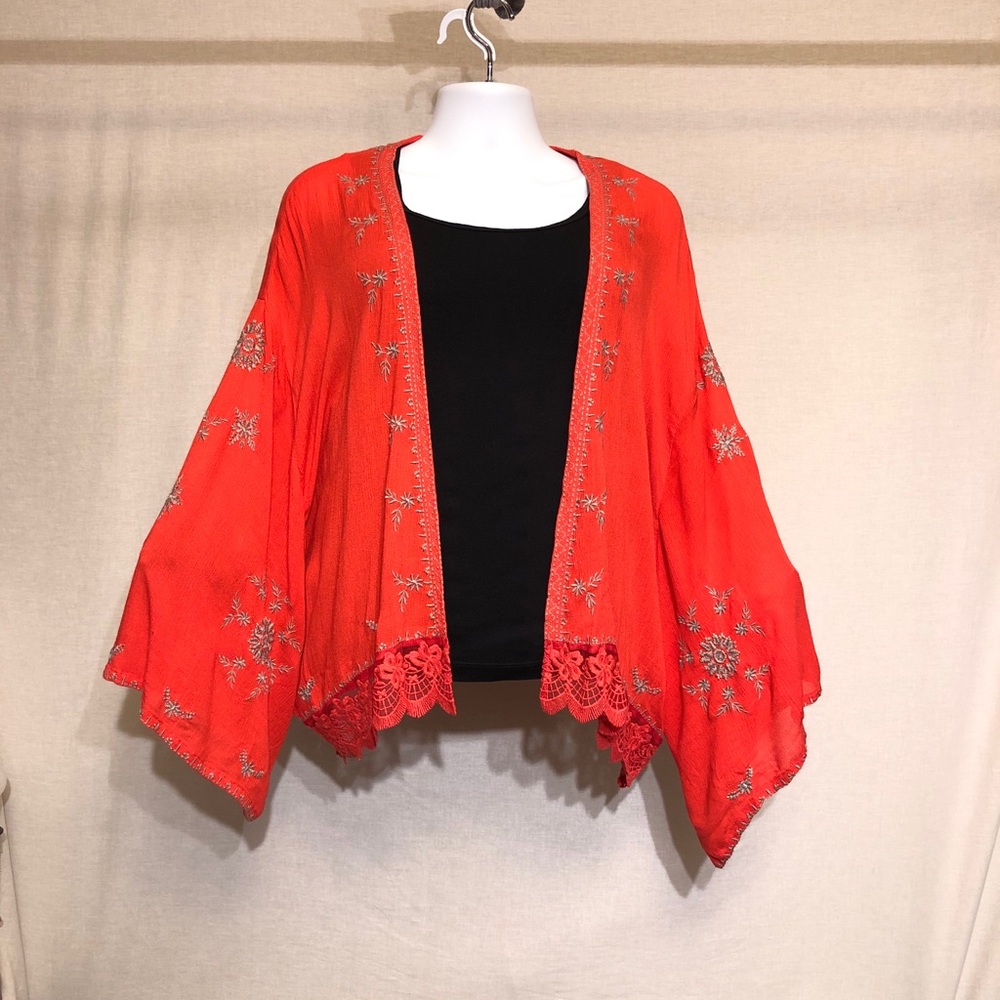 Free People Fire Red Embroidered Kimono
